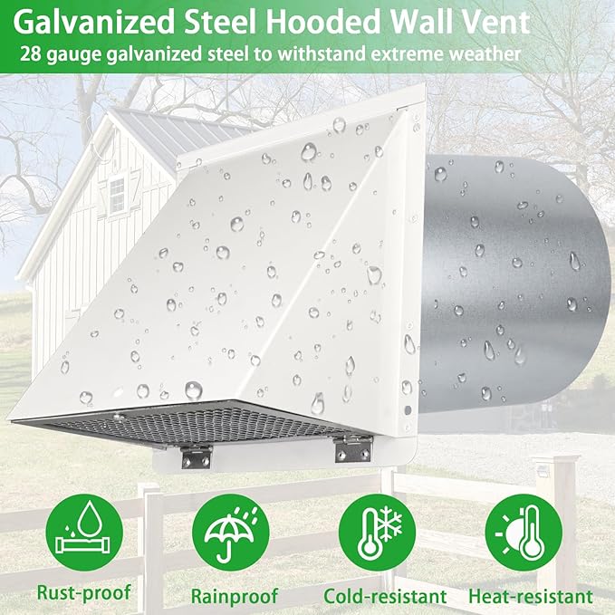 12 Inch Hooded Wall Vent with Screen and Damper, Outdoor Wall Exhaust Cover Cap