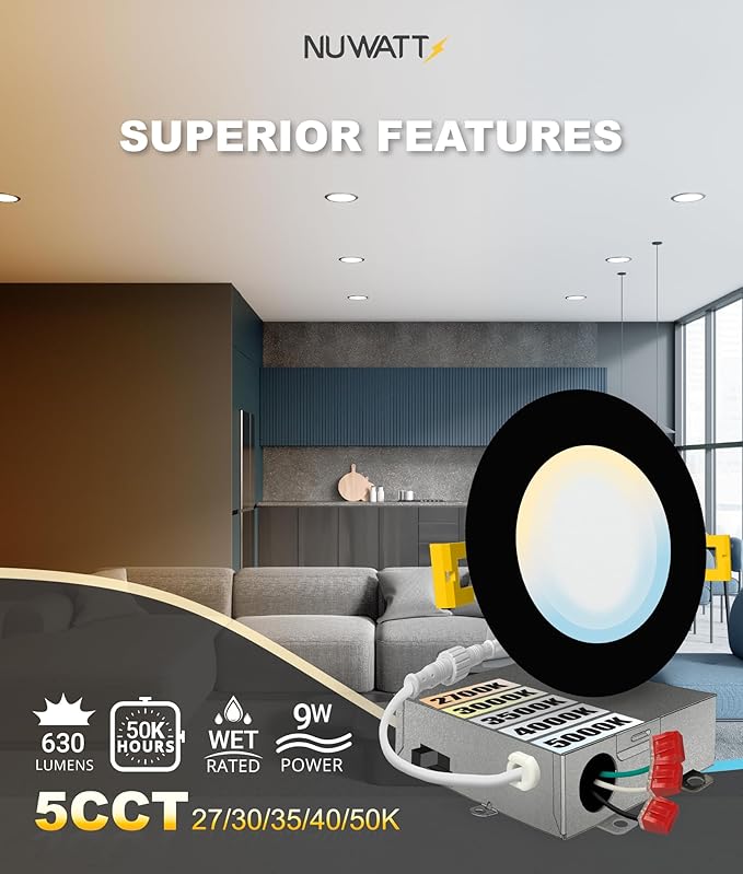NUWATT 6 Pack, 4 Inch Ultra-Thin LED Recessed Lighting Black, 5CCT