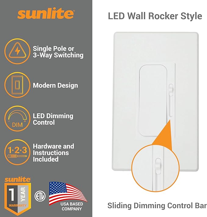 Sunlite LED Wall Rocker Style, Slide Bar Triac Dimmer Switch, Screwless Wall ...
