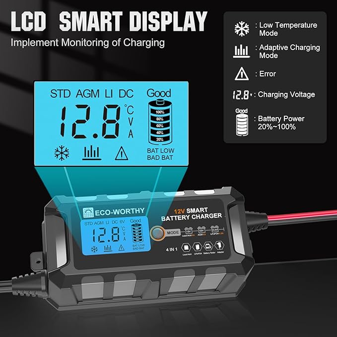 ECO-WORTHY 12V 5A Automatic Smart Battery Charger and Maintainer LCD Display