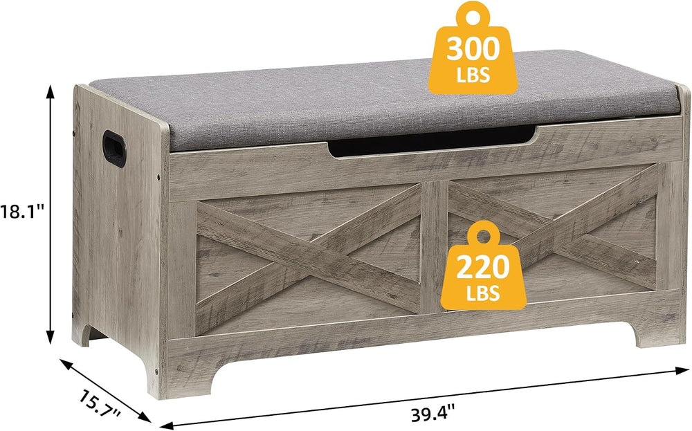 IDEALHOUSE 39.4" Storage Bench with 2 Safety Hinges, Grey