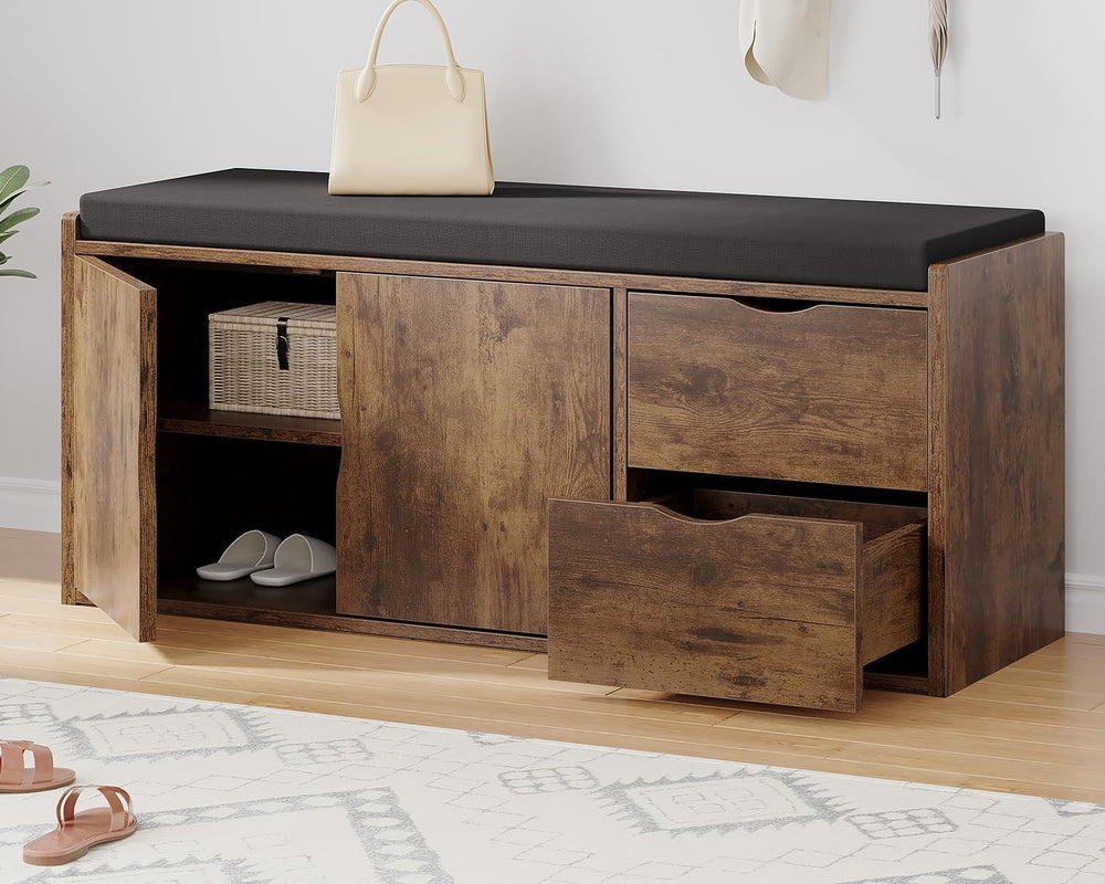 LVB Entryway Shoe Bench, Rustic Storage Bench with Cushioned Seating
