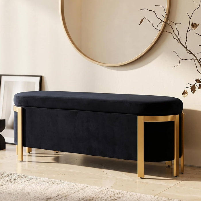 Hyfirm 48" Velvet Storage Bench with Gold Legs, Black