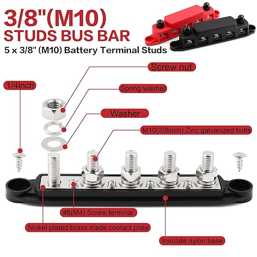 Tuijodaix 300A Bus Bar 5 Post 12V-48V DC Power Distribution Block, 5 * 3/8"