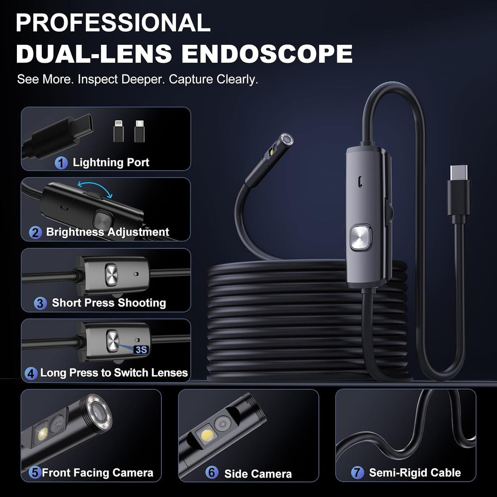 Dual-Lens Endoscope Camera with Light,1920P HD Borescope Inspection Camera