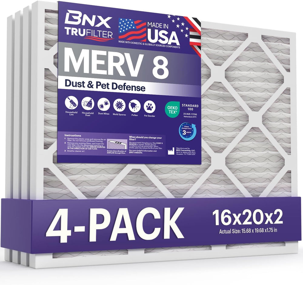 BNX TruFilter 16x20x2 Air Filter MERV 8 (4-Pack)