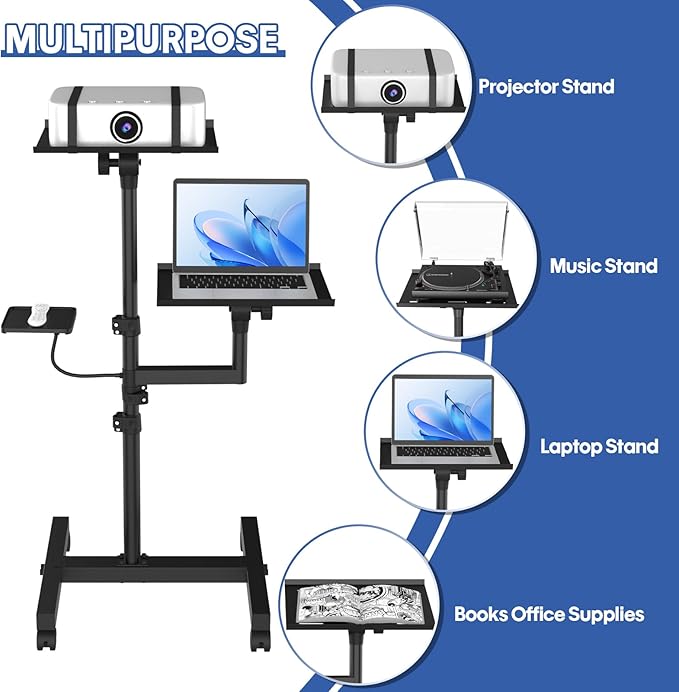 GSOW 2 Shelves Mobile Projector Stand, Rolling Laptop Stand Adjustable Height