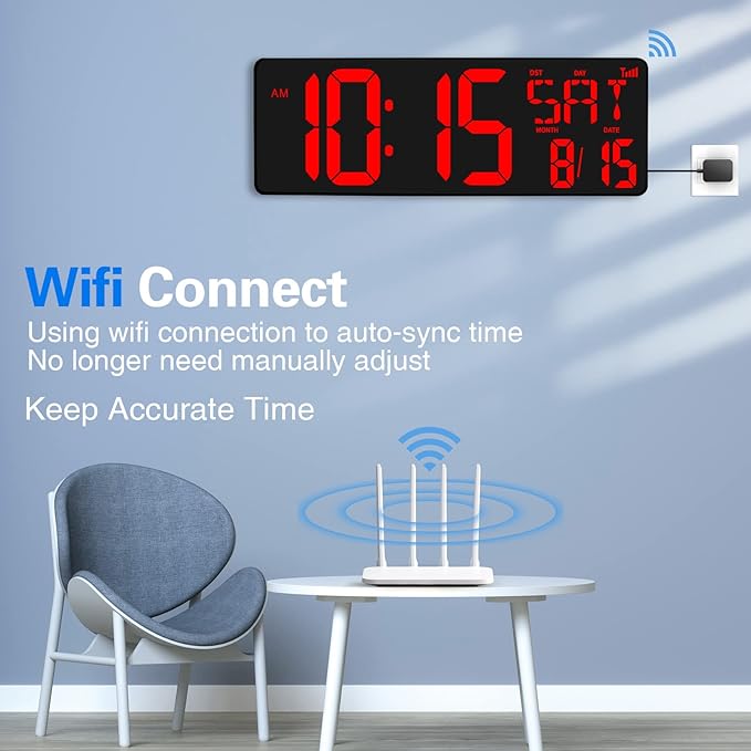 XREXS Large Digital Wall Clock WiFi Sync, 16.5 in Large Display Wall Clock