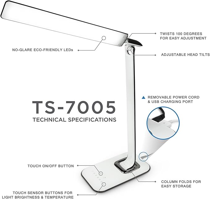 Turcom LED Desk Lamp With USB Charging Port Dimmable Touch Controls w/Color