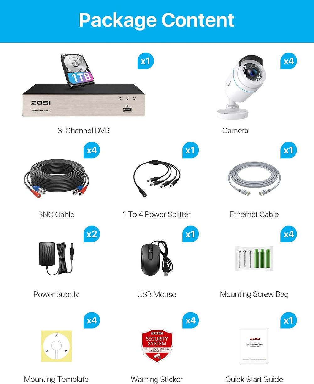 ZOSI 3K Lite Wired Security Camera System, 4 X 2MP Cameras, 1TB HDD