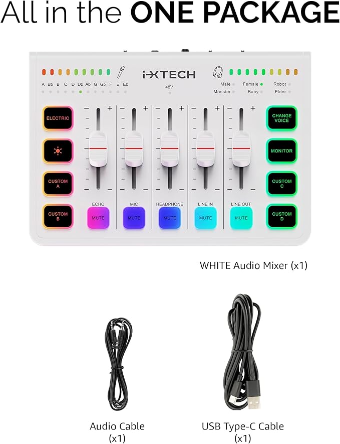 IXTECH Gaming Audio Mixer 4 Channel Soundboard, Streaming RGB PC Audio Interface