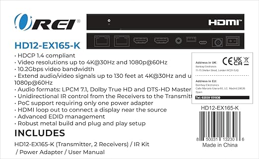 OREI 4K 1x2 HDMI Over ethernet Extender Splitter Over CAT6/7 ethernet Cable
