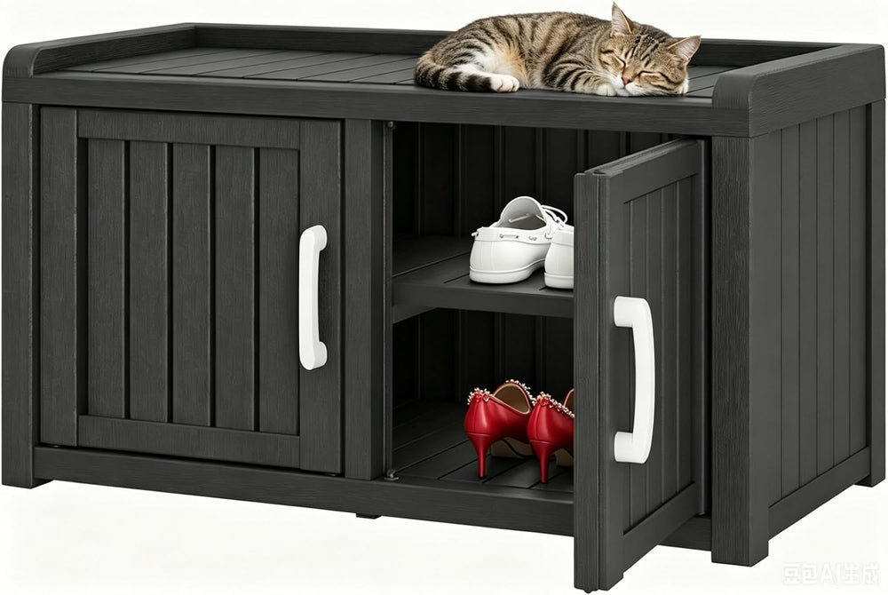 Outdoor Shoe Storage Bench with 2 Doors, Waterproof UV-Resistant Resin Cabine...