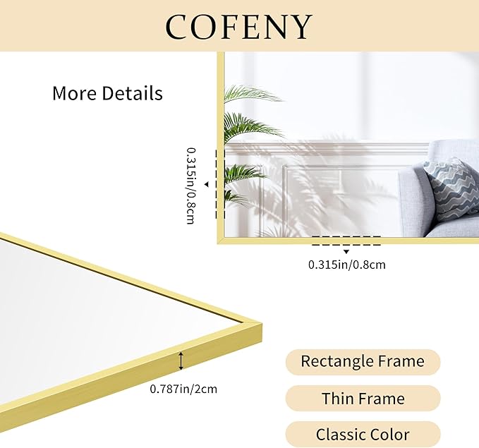 Gold Bathroom Mirror for Wall, 60x36 Inch Rectangle Mirrors