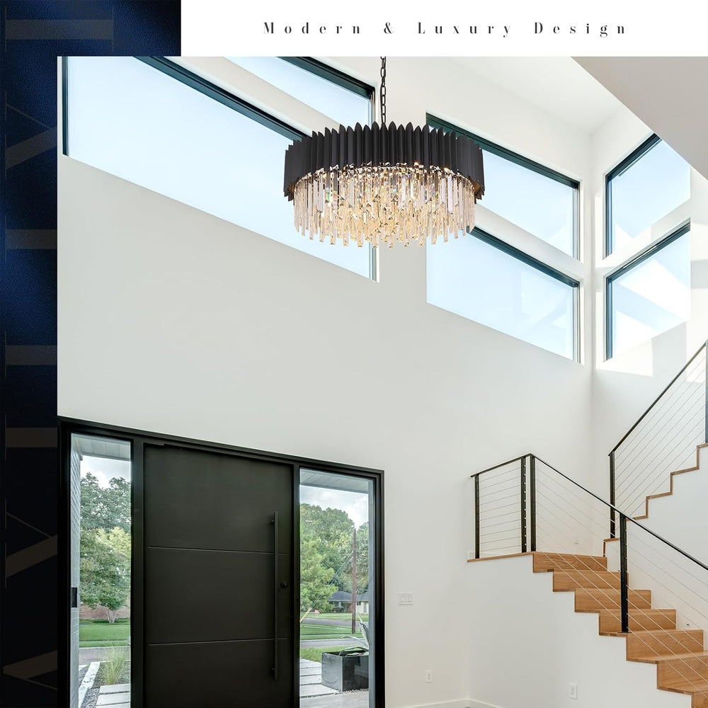Black Modern Chandelier Large Crystal Round Chandelier for High Ceiling