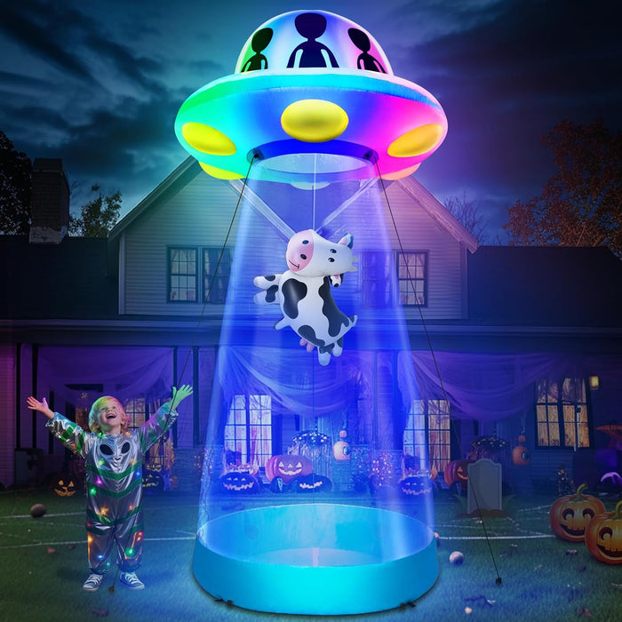 10 Ft Tall Halloween Inflatable UFO with Floating Cow Decorations Outdoor
