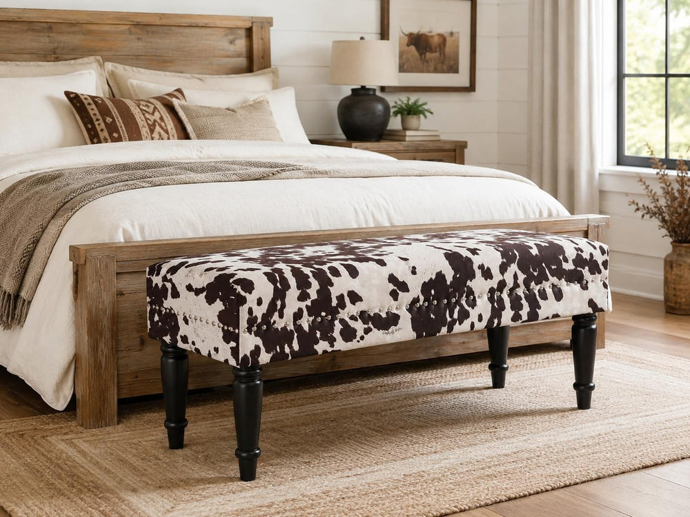 Homebeez 39.4" Cow Print Bench, Upholstered Bedroom Cowhide Bench, Weste...