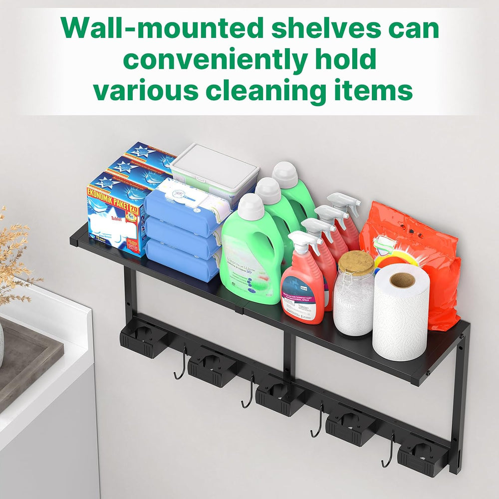 CCCEI Broom Holder Wall Mount with Metal Shelf, Black, 1