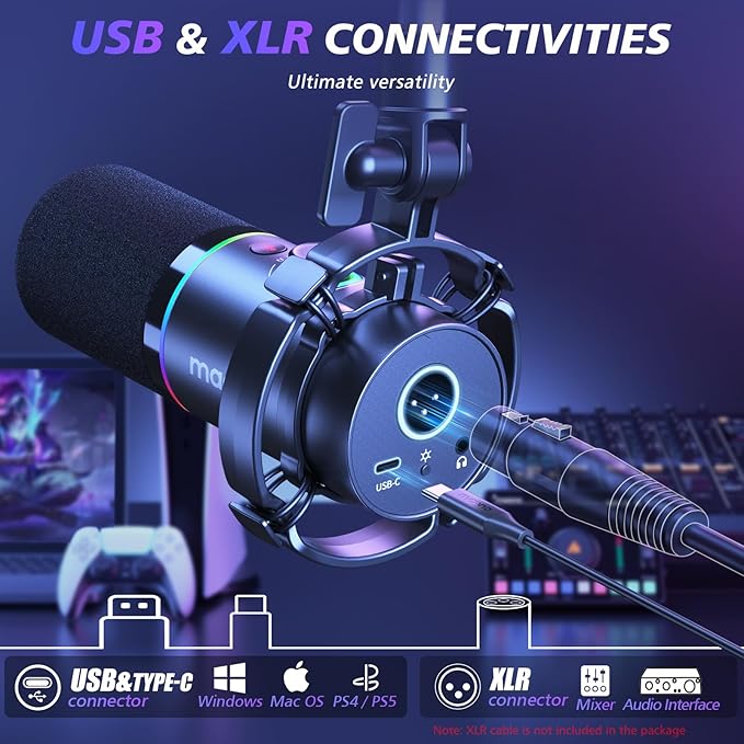 MAONO XLR/USB Dynamic Microphone Kit, RGB Podcast Mic