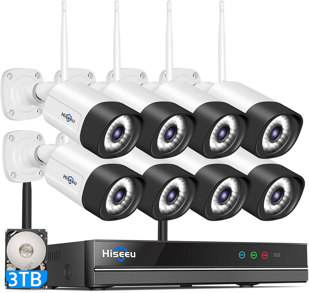 Hiseeu 5MP Outdoor WiFi Security Camera System, 10CH 8-Camera Kit, 3TB HDD