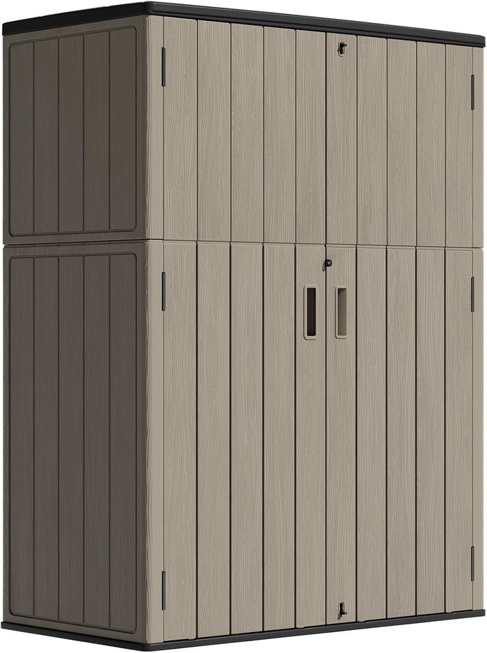 ZZM 57 Cu.ft Outdoor Storage Shed HDPE Storage Cabinet, Double-Wall Resin Sheds with Floor Vertical Lockable Sheds Garden Tools Trash Can, Lawn Mower, Bike Storage, Waterproof, Brown