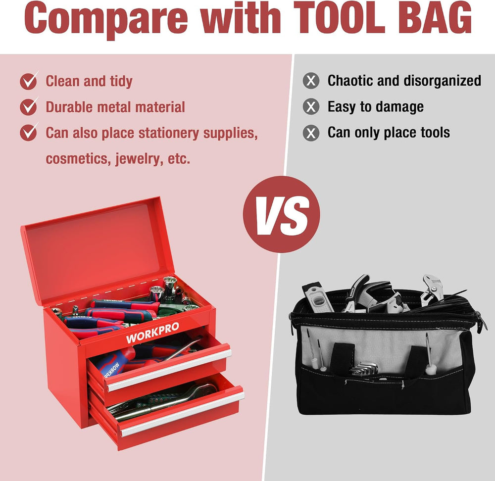 WORKPRO Mini Metal Tool Box with 2 Drawers and Top Storage