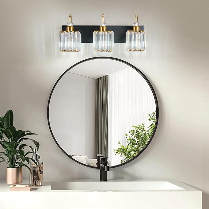 BBLLWJ Modern Bathroom Vanity Light 3-Light Black and Gold Crystal Light
