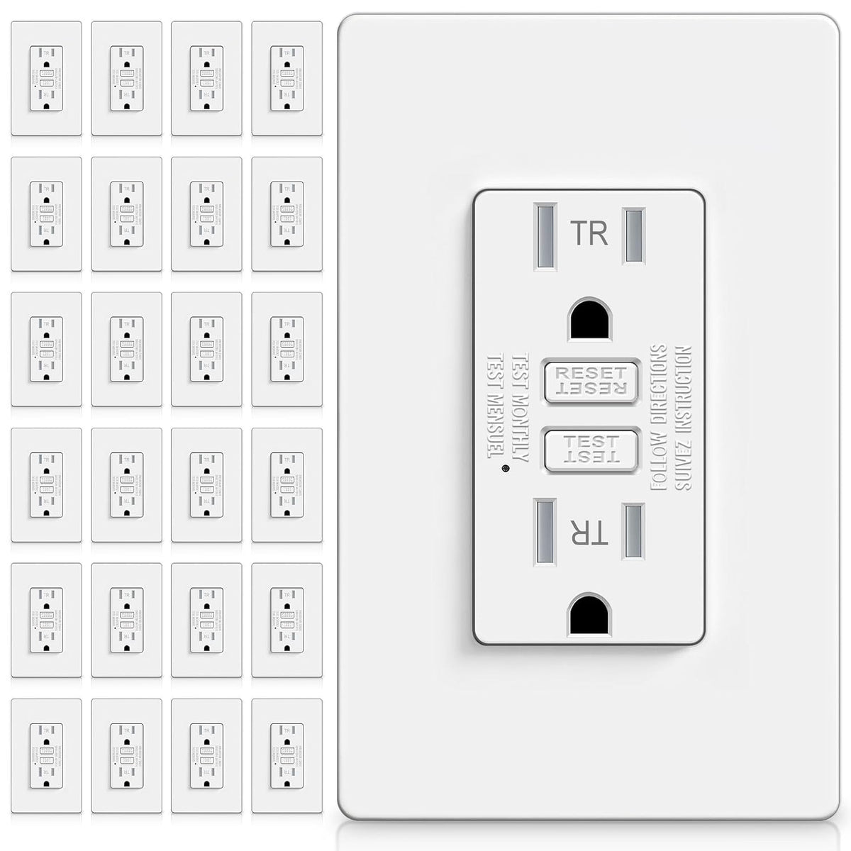 (24 Pack) UNIELE 15A TR GFCI Receptacle with Screwless Wallplate, White | 15A TR GFCI Receptacle, LED Indicator, Slim Design with Screwless Wallplate, ETL Listed, for Residential Indoor Installation