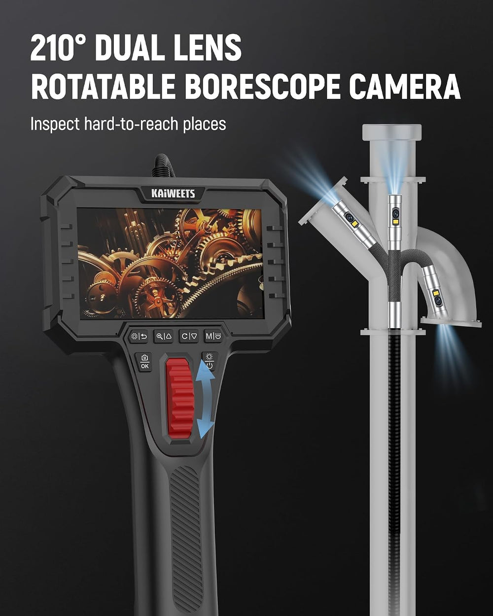 Dual Lens Two-Way Articulating Borescope Camera with Light, 0.25in Slim Probe...