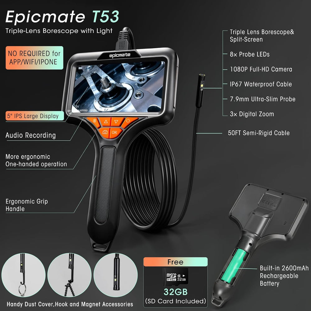 50FT Triple Lens Endoscope Camera,5" Sewer Drain Pipe Inspection