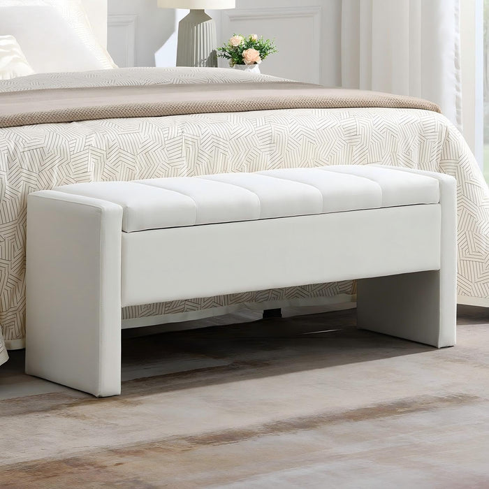 47.25 Inch Storage Ottoman Bench, Linen Upholstered, White