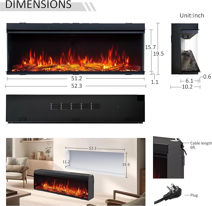 LegendFlame 51" W Smart Build in Electric Fireplace Insert, 1-2-3 Sided ...