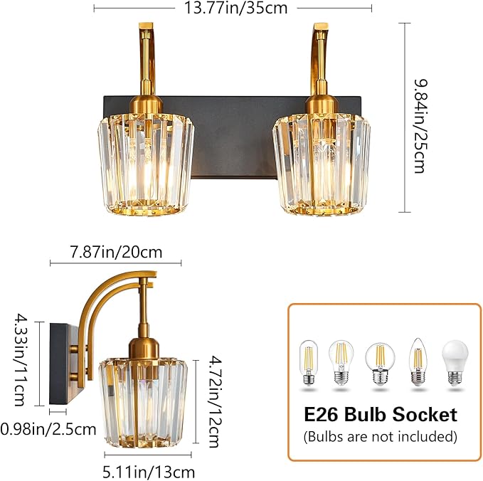 FDPBY Modern Bathroom Vanity Light, 2-Light Black Gold Wall Sconce