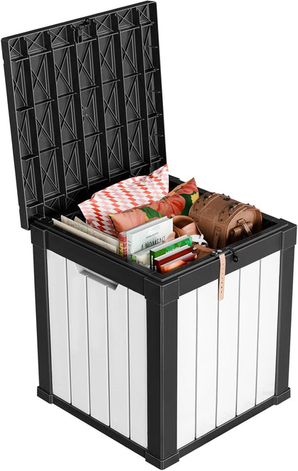 Vixzen 50 Gallon Deck Boxes Outdoor Waterproof, Resin Lockable Storage Box for Patio Cushions Storage Furniture, Garden Tools, Pool Supplies, Weatherproof and UV Resistant (Black and White)