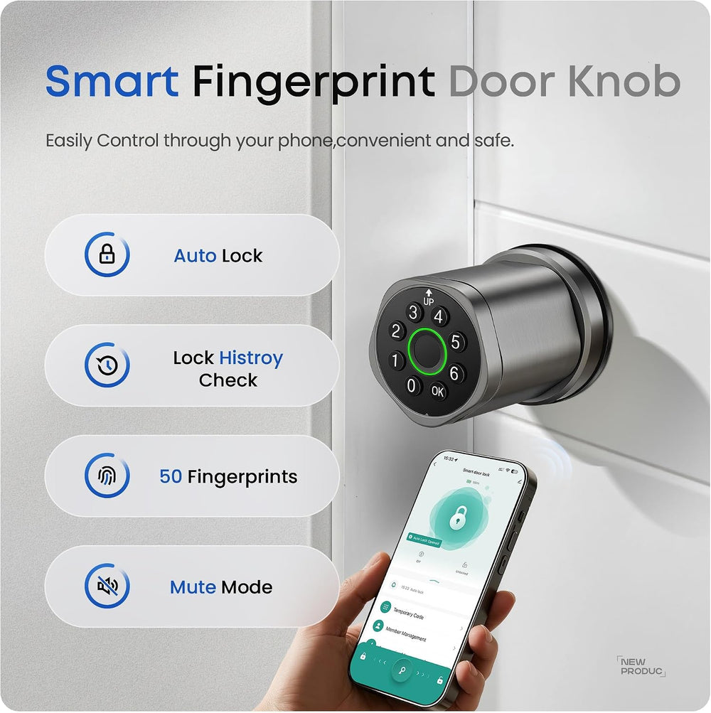 Keyless Entry Keypad Door Lock with Knob, Smart Door Lock with Fingerprint