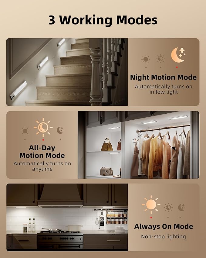 EZVALO 3 Pack Under Cabinet Lighting, 3200mAh Rechargeable Motion Sensor Light