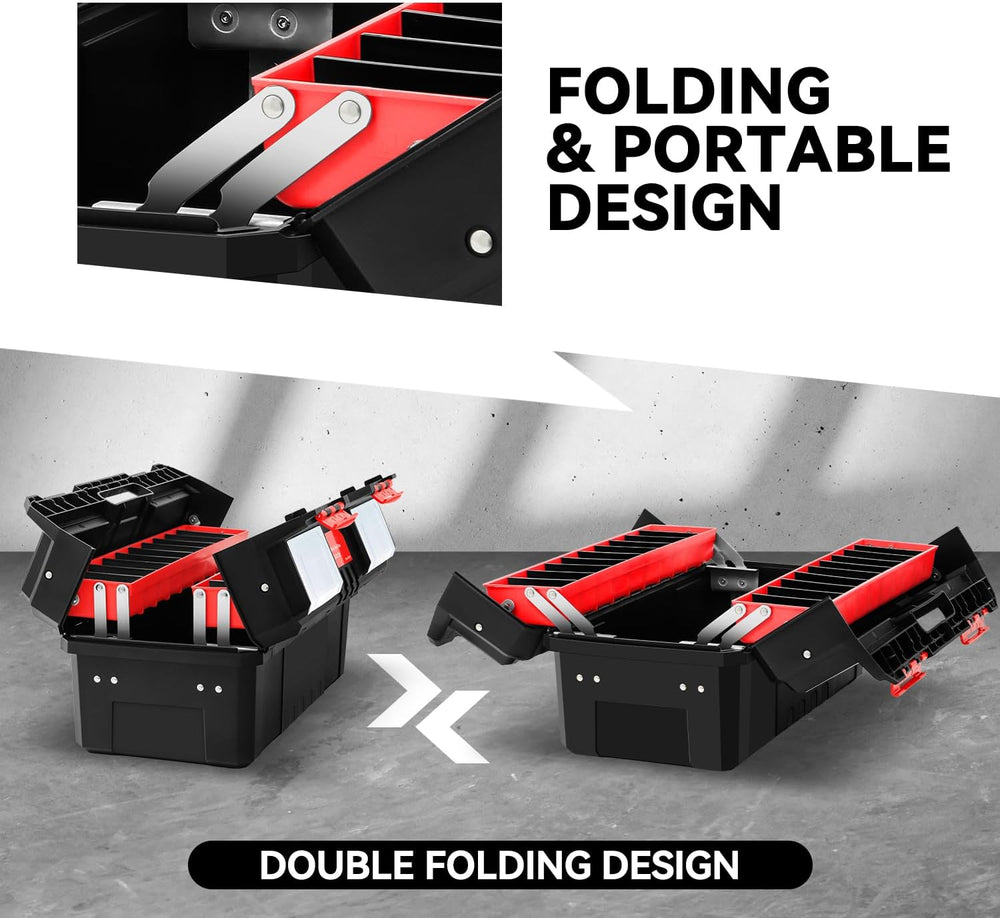 Auto Dynasty Foldable 2-layer Tool Box w/Non-Slip Handle Tray Storage, Red