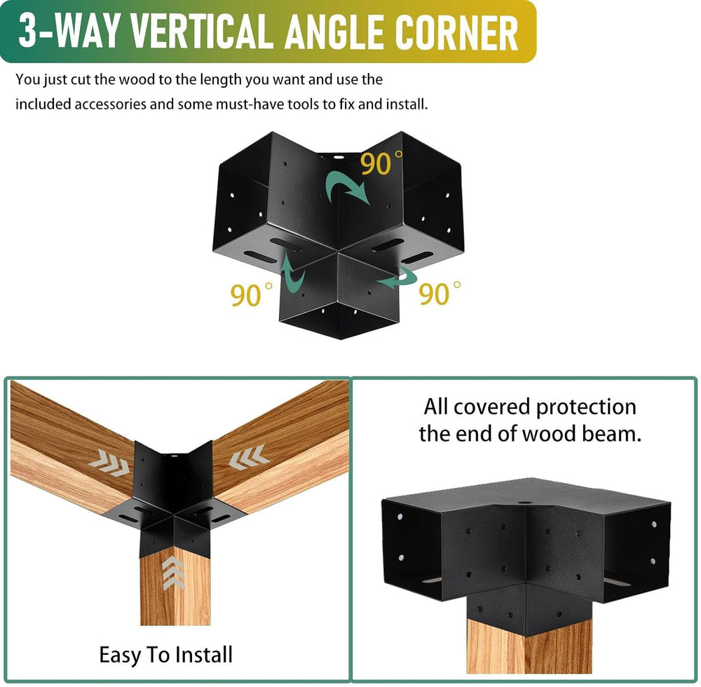 4"x4" Pergola Bracket Kit 4pcs,3-Way 90°Right Angle Corner Brackets