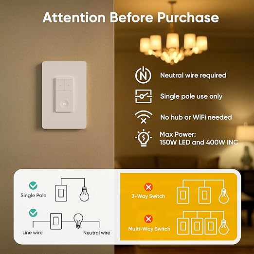 TREATLIFE Dimmer Switch with Magnetic Remote, Wireless Light Switch, Single