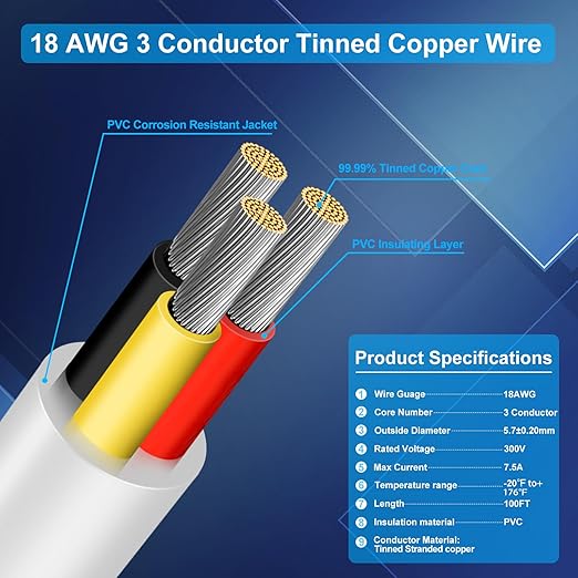 18 Gauge 3 Conductor Electrical Wire, 100FT Low Voltage 18/3 Tinned Copper