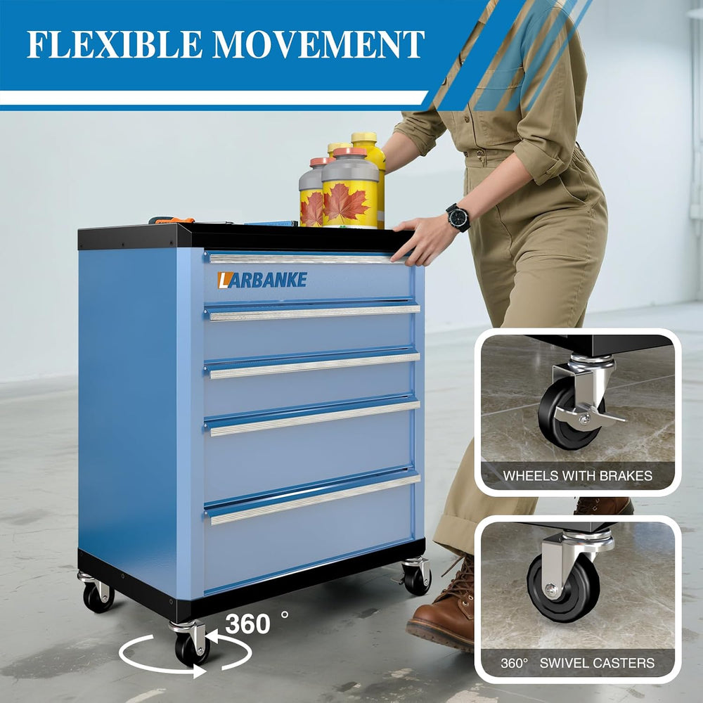 LARBANKE 5-Drawer Rolling Tool Chest with Wheels,Lock&Key,Blue Tool Cabinet