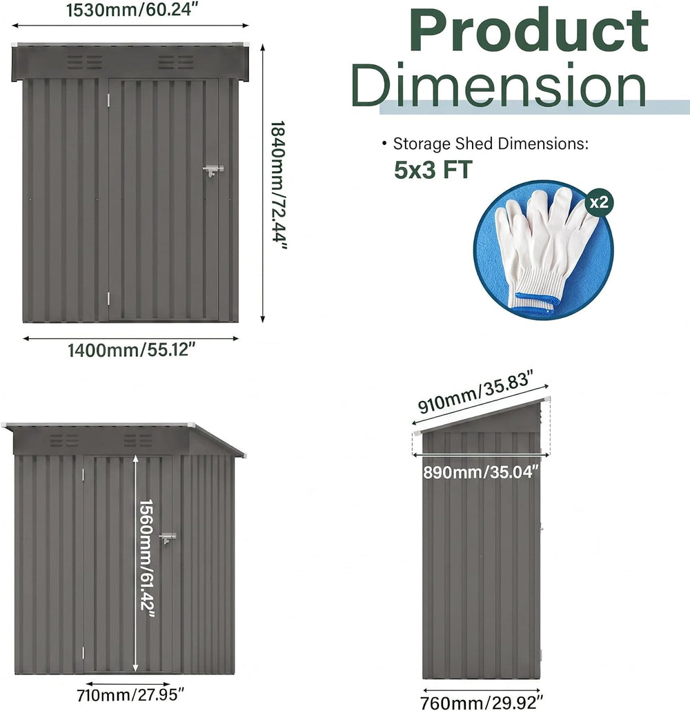 5x3 FT Outdoor Storage Shed, Metal Tool Shed for Patio (Gray)