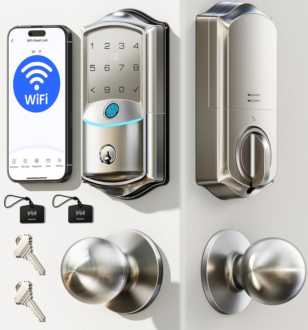 Veise VE027-K WiFi Smart Deadbolt Locks with 2 Knobs Set, Satin Nickel