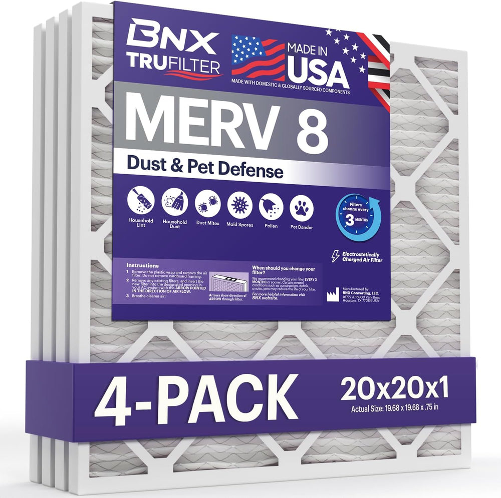 BNX TruFilter 20x20x1 Air Filter MERV 8 (4 Pack)