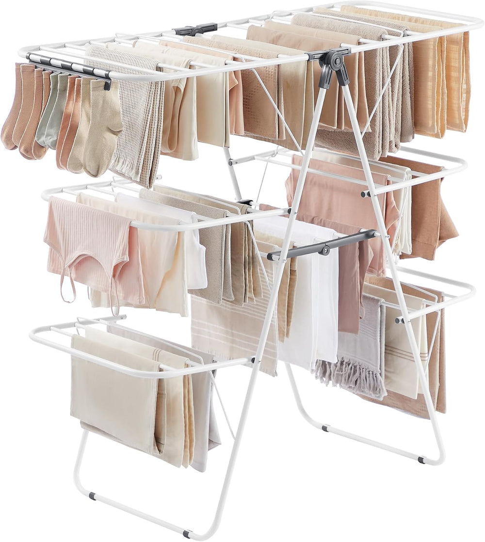 SONGMICS Clothes Drying Rack, Foldable 3-Level Laundry Rack, Free-Standing