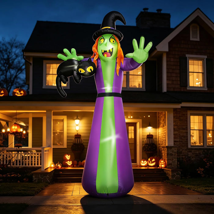 12 FT Giant Halloween Inflatables Witch Outdoor Decoration-Huge Blow Up Spooky Witch Grabbing Black Cat with Built-in LEDs – Tall Halloween Yard Decor for Lawn Party, Garden & Front Yard