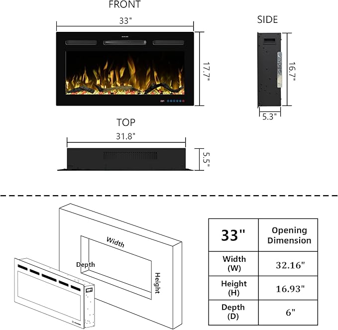33" WiFi Electric Fireplace Inserts, Recessed and Wall Mounted Fireplace...