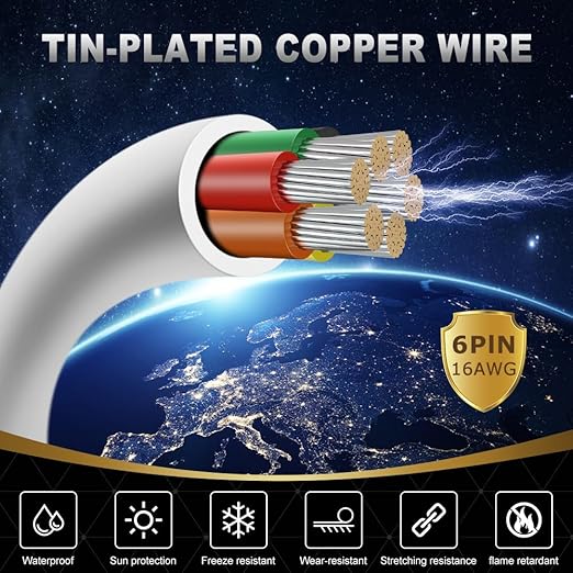 16 Gauge 6 Conductor Electrical Wire, 32.8FT White Stranded Low Voltage 16/6