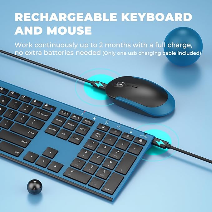 Wireless Keyboard and Mouse, Vssoplor 2.4GHz Rechargeable Quiet Full-Size