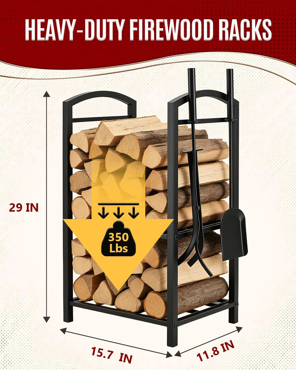 29" Heavy Duty Firewood Rack Indoor with 4 Fireplace Tools Set